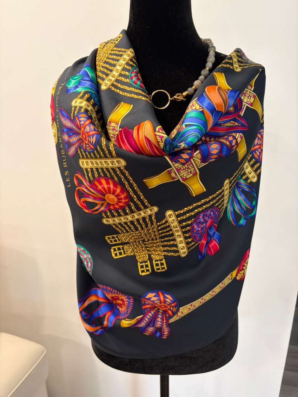 Hermes Les Rubans du Cheval Carre 90 Silk Scarf Black Multicolor Made in France - Picture 5 of 10